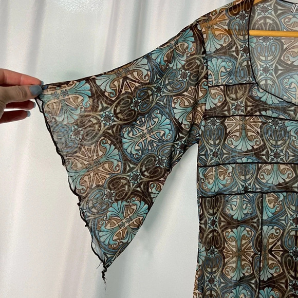 Brown, Tan & Blue Geometric Pattern Sheer Square Neck Dress or Cover-Up - Picture 9 of 10